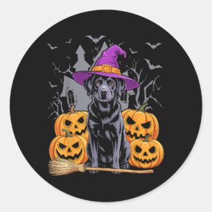 Funny Halloween Black Lab Dog Cute Witch Hat Broom Classic Round Sticker