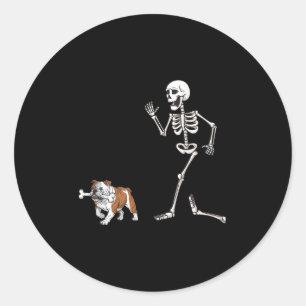 Funny Halloween Bulldog And Skeleton Classic Round Sticker