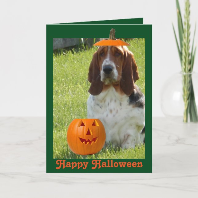Funny Halloween Card w/Cute Basset Hound & Pumpkin (Front)