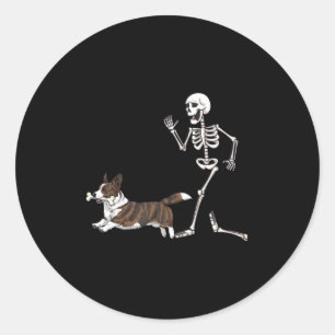 Funny Halloween Cardigan Welsh Corgi And Skeleton  Classic Round Sticker