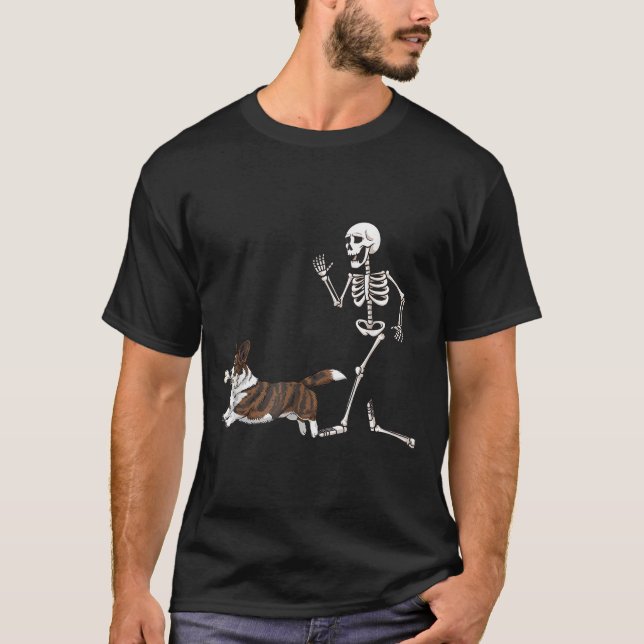 Funny Halloween Cardigan Welsh Corgi And Skeleton  T-Shirt (Front)
