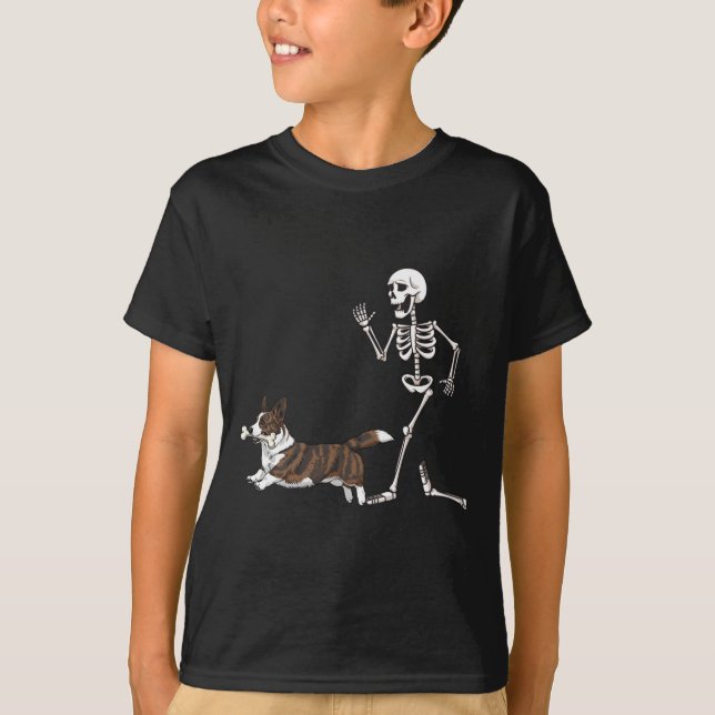 Funny Halloween Cardigan Welsh Corgi And Skeleton  T-Shirt (Front)