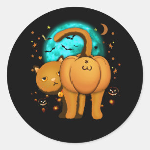 Funny Halloween Cat Butt Pumpkin Orange Tabby Pump Classic Round Sticker