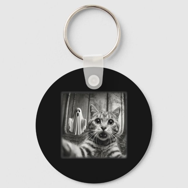Funny Halloween Cat Selfie with Spooky Ghost Cat Key Ring (Front)
