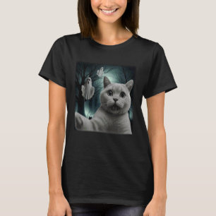 Funny Halloween Cat Selfie with Spooky Ghost T-Shirt