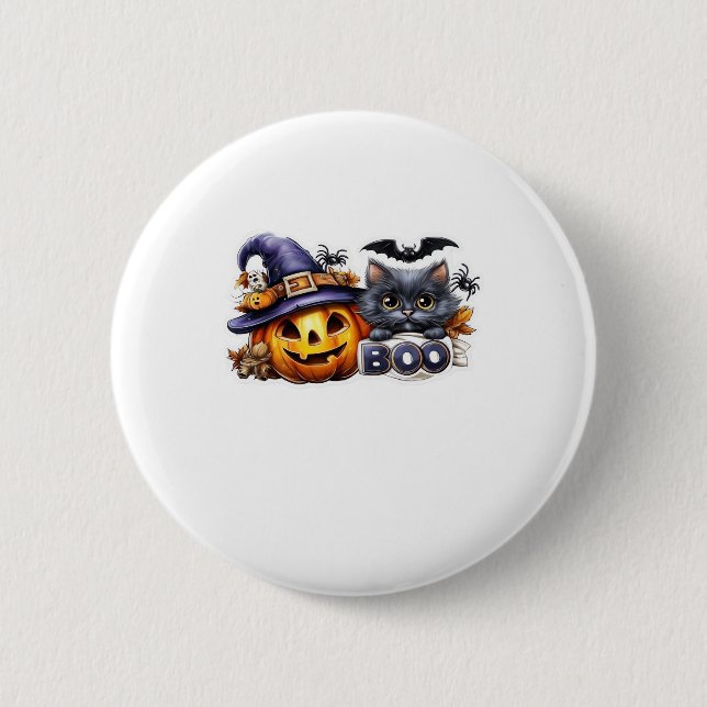Funny Halloween Cat Sticker � Witch Hat, Pumpkin a 6 Cm Round Badge (Front)