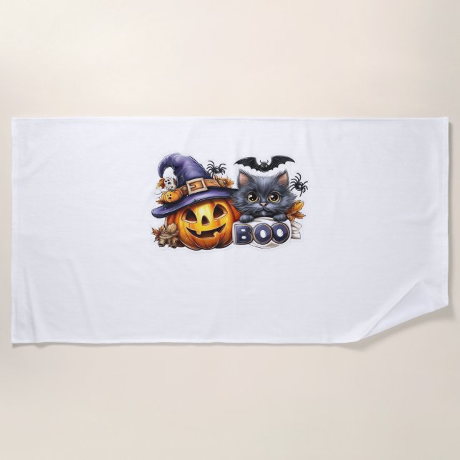 Funny Halloween Cat Sticker – Witch Hat, Pumpkin a Beach Towel (Front)