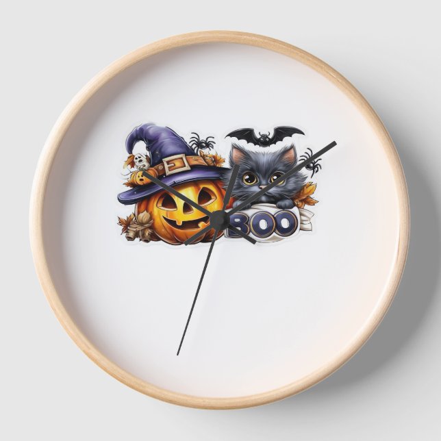 Funny Halloween Cat Sticker – Witch Hat, Pumpkin a Clock (Front)