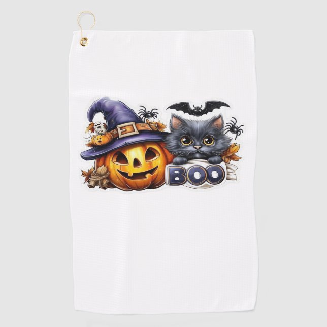 Funny Halloween Cat Sticker – Witch Hat, Pumpkin a Golf Towel (Front)