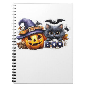 Funny Halloween Cat Sticker – Witch Hat, Pumpkin a Notebook