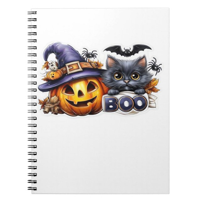 Funny Halloween Cat Sticker – Witch Hat, Pumpkin a Notebook (Front)