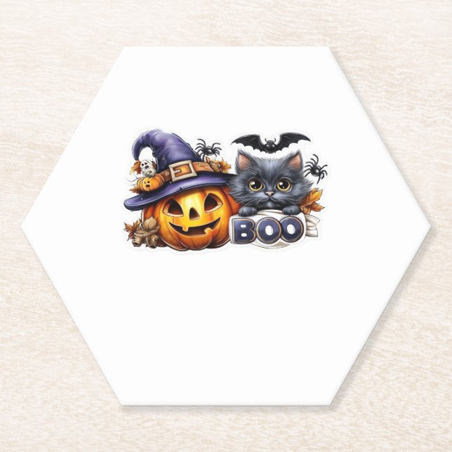 Funny Halloween Cat Sticker � Witch Hat, Pumpkin a Paper Coaster (Front)