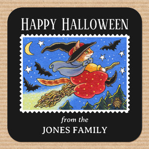 Funny Halloween Cat Witch Bats Broomstick Cute Square Sticker