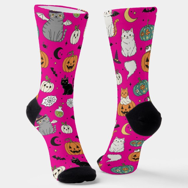 Funny Halloween Cats and Pumpkins  Socks (Angled)