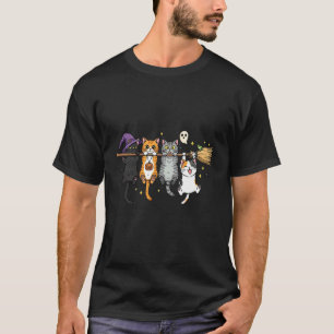 Funny Halloween Cats Hanging on Witch Broom T-Shirt