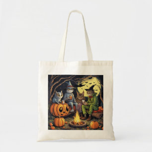 Funny Halloween Cats in costume around campfire Tote Bag
