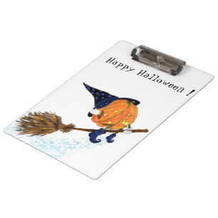 Funny Halloween Clipboard Witch Pumpkin Flying
