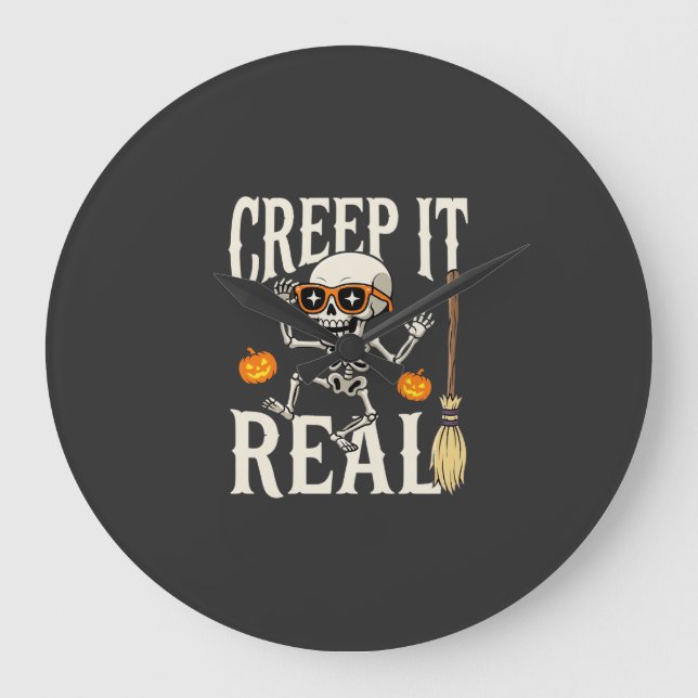 Funny Halloween Creep It Real Dancing Skeleton Des Large Clock (Front)