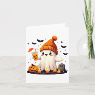 Funny Halloween Cute Ghost Drinking Ice Coffee Wom Card
