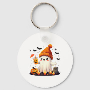 Funny Halloween Cute Ghost Drinking Ice Coffee Wom Key Ring