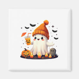 Funny Halloween Cute Ghost Drinking Ice Coffee Wom Magnet