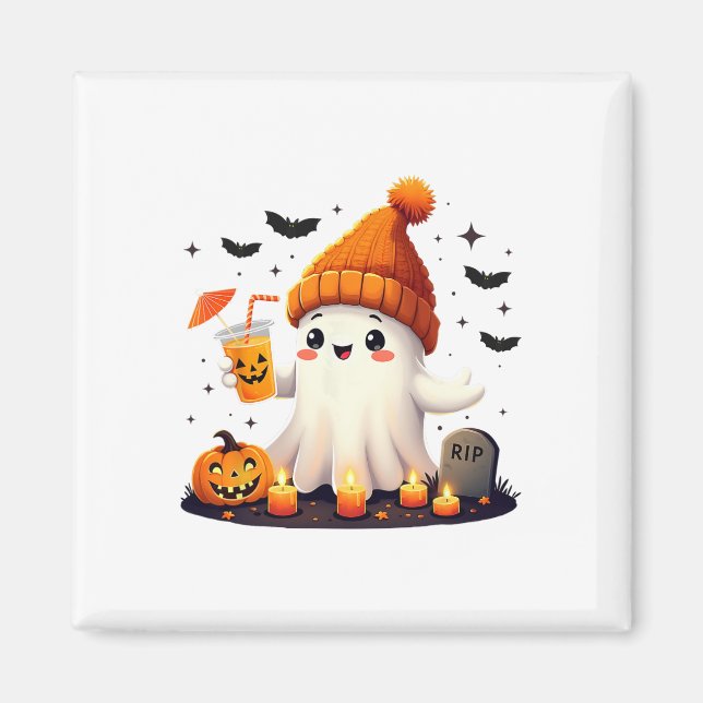 Funny Halloween Cute Ghost Drinking Ice Coffee Wom Magnet (Front)