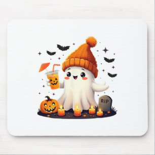 Funny Halloween Cute Ghost Drinking Ice Coffee Wom Mouse Mat