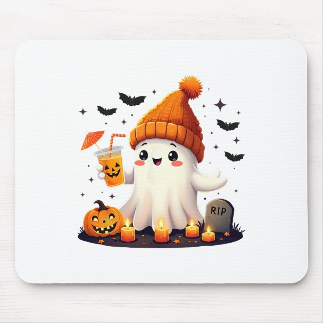 Funny Halloween Cute Ghost Drinking Ice Coffee Wom Mouse Mat (Front)