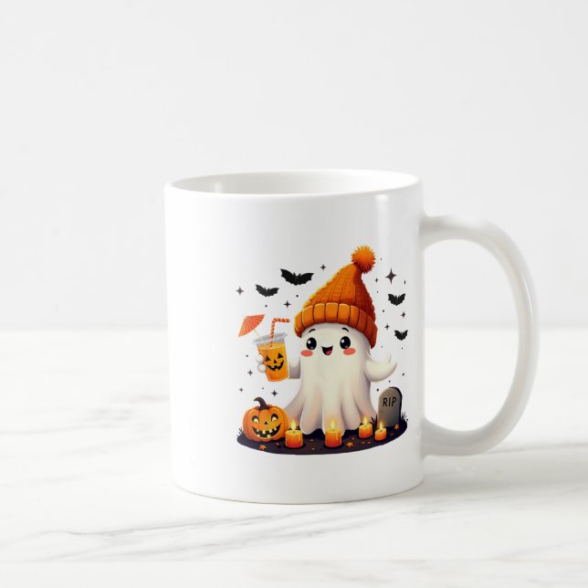 Funny Halloween Cute Ghost Drinking Ice Coffee Wom Mug (Right)