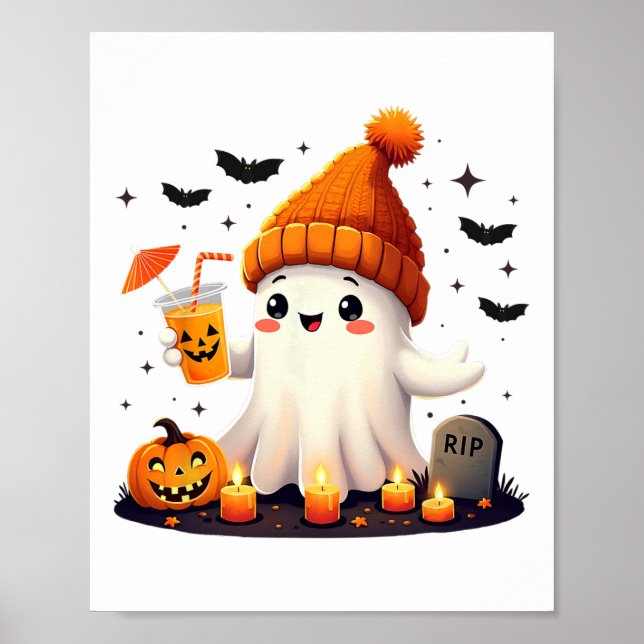 Funny Halloween Cute Ghost Drinking Ice Coffee Wom Poster (Front)