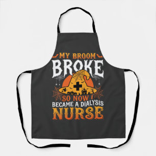Funny Halloween Dialysis Nurse Witch Broom Design Apron