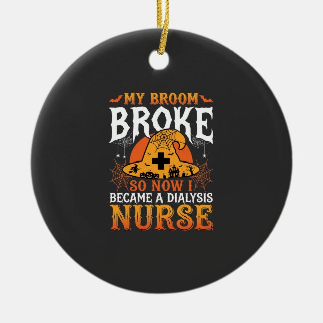 Funny Halloween Dialysis Nurse Witch Broom Design Ceramic Tree Decoration (Front)