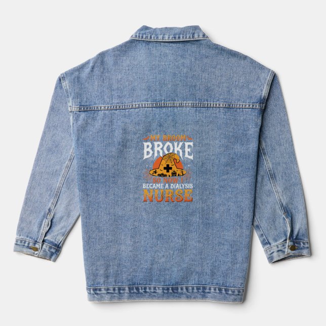 Funny Halloween Dialysis Nurse Witch Broom Design Denim Jacket (Back)