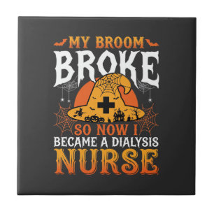 Funny Halloween Dialysis Nurse Witch Broom Design Tile