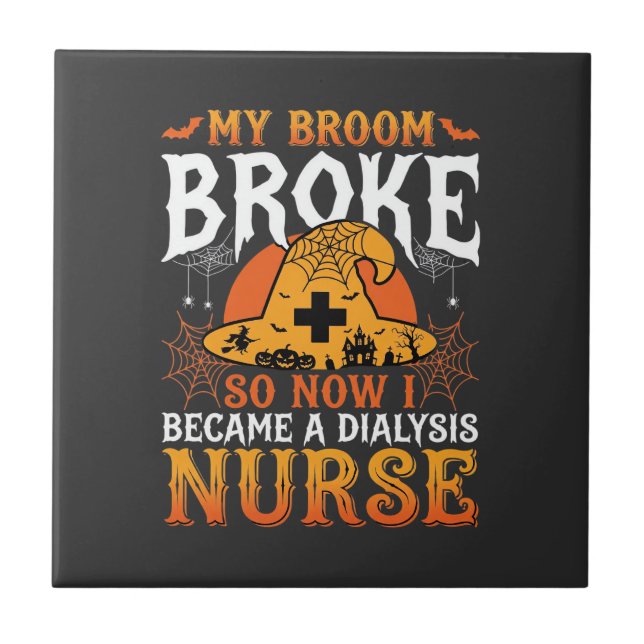 Funny Halloween Dialysis Nurse Witch Broom Design Tile (Front)