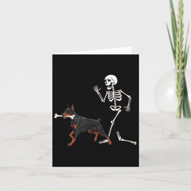 Funny Halloween Doberman Nscher And Skeleton  Card (Front)