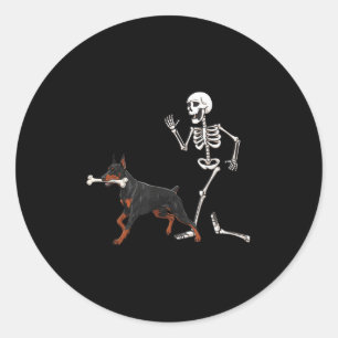 Funny Halloween Doberman Nscher And Skeleton Classic Round Sticker