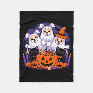 Funny Halloween Dog Dressed As Ghost Halloween Dog Fleece Blanket