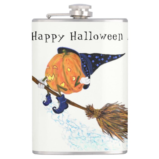 Funny Halloween Flask Witch Pumpkin Flying (Front)
