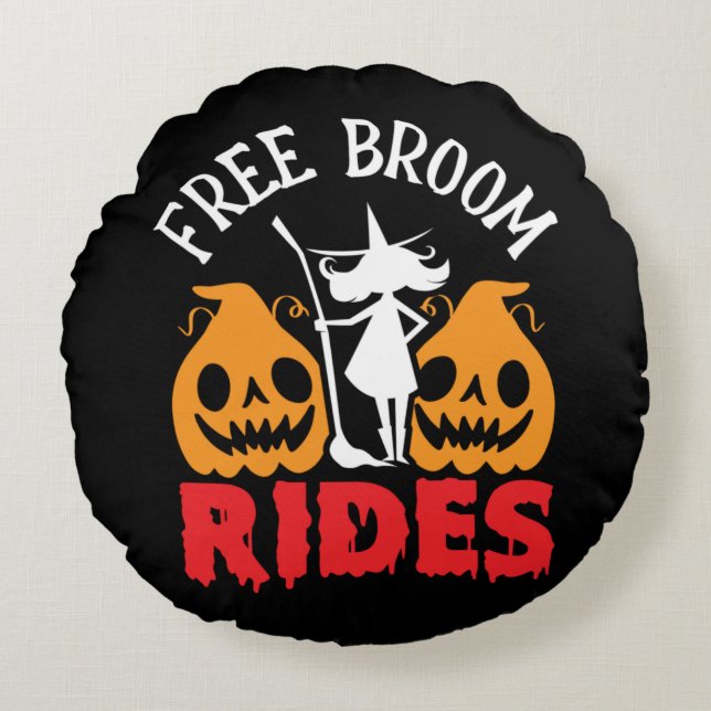 Funny Halloween Free Broom Rides Witch Pumpkins  Round Cushion (Front)