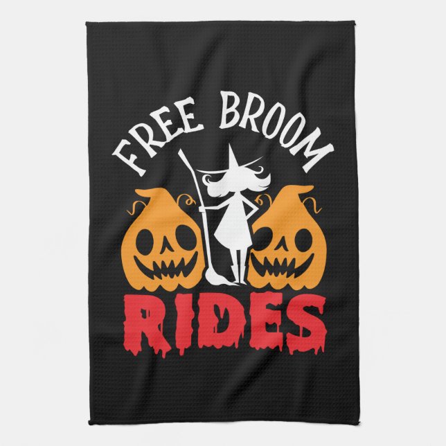 Funny Halloween Free Broom Rides Witch Pumpkins Tea Towel (Vertical)