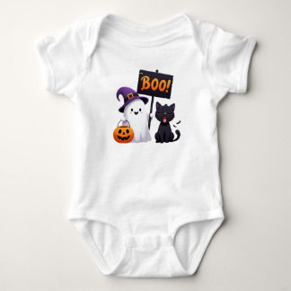 Funny Halloween Ghost and Unimpressed Cat Cartoon  Baby Bodysuit
