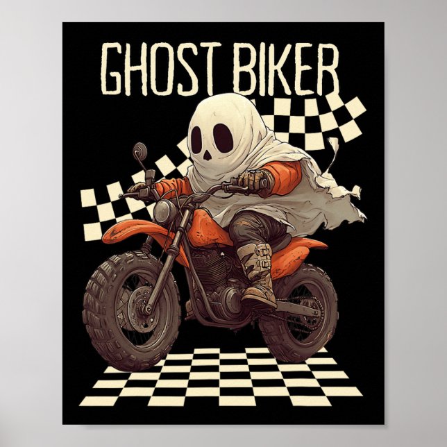 Funny Halloween Ghost Biker On Motorcycle  Poster (Front)