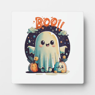 Funny Halloween Ghost Boo in Galaxy Plaque