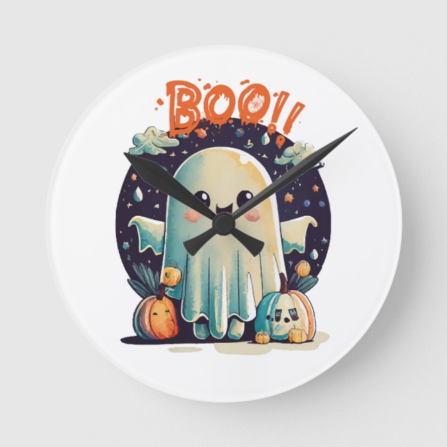 Funny Halloween Ghost Boo in Galaxy Round Clock (Front)