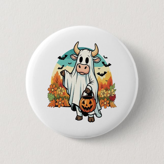 Funny Halloween Ghost Cow 6 Cm Round Badge (Front)