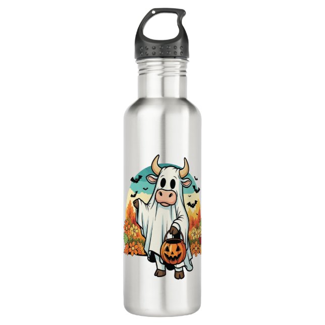 Funny Halloween Ghost Cow 710 Ml Water Bottle (Front)