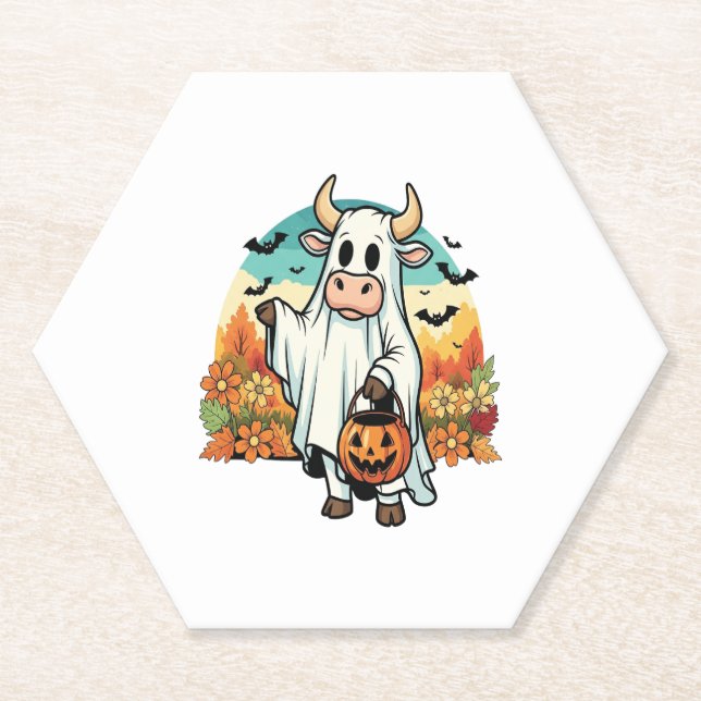 Funny Halloween Ghost Cow Paper Coaster (Front)