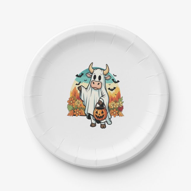 Funny Halloween Ghost Cow Paper Plate (Front)