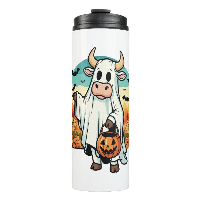 Funny Halloween Ghost Cow Thermal Tumbler (Front)